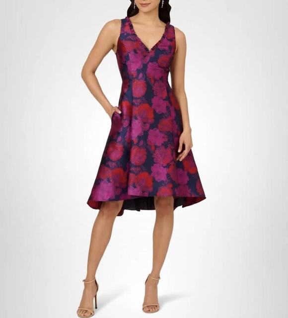 Adrianna Papell Dresses & Skirts - Adrianna Papell Dress Womens 14 Multicolor Floral Jacquard Hi Low Fit & Flare